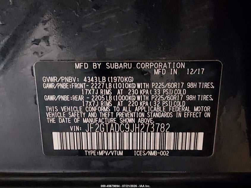 2018 SUBARU XV SPORT UTILITY VEHICLE 2.0L H-4 DI, DOHC, VVT, 152HP