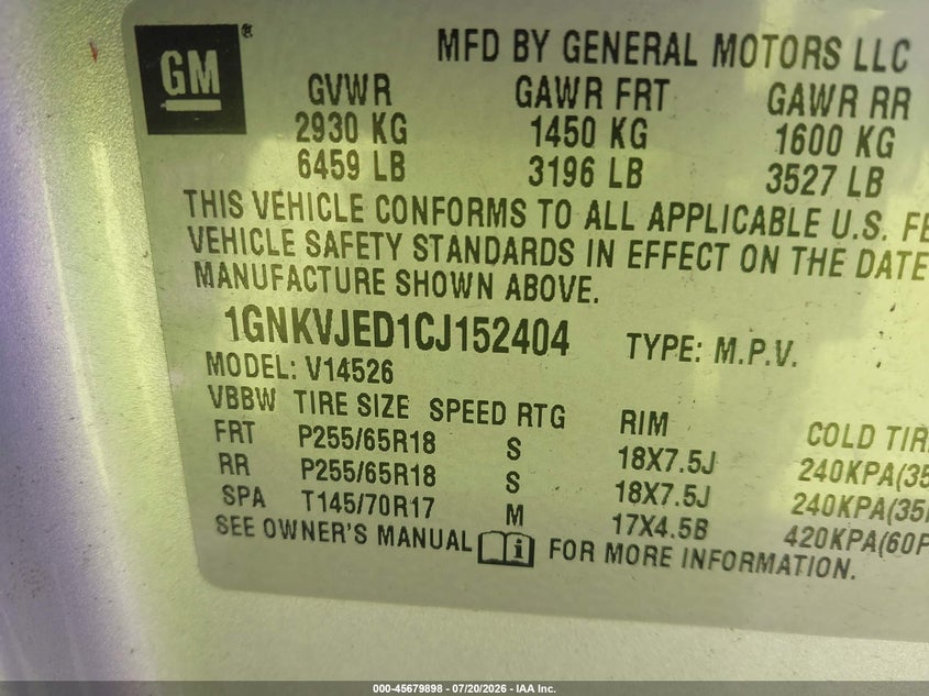 2012 Chevrolet Traverse Lt W/2Lt VIN: 1GNKVJED1CJ152404 Lot: 45679898