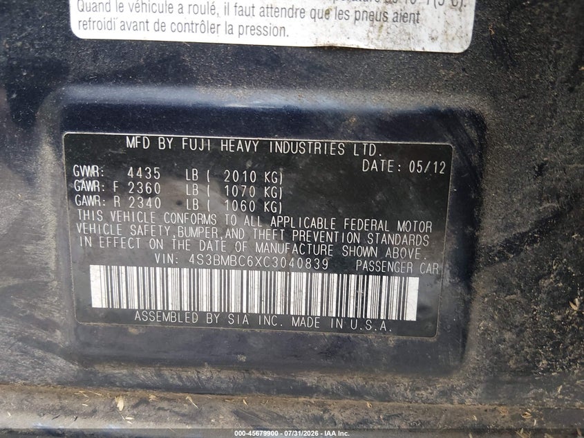 2012 SUBARU LEGACY SEDAN 2.5L H-4 VVT, 170HP