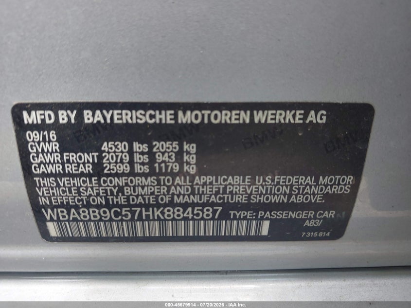 2017 BMW 330I VIN: WBA8B9C57HK884587 Lot: 45679914
