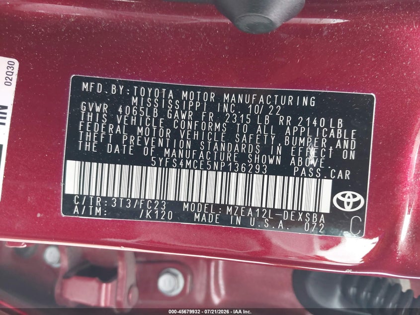 TOYOTA COROLLA 2022 VIN 5YFS4MCE5NP136293