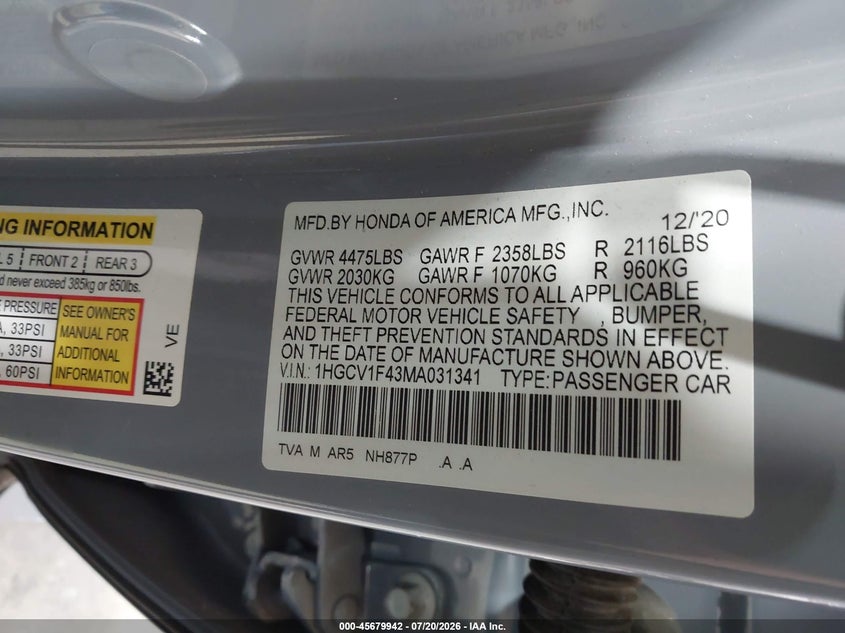 2021 Honda Accord Sport Special Edition VIN: 1HGCV1F43MA031341 Lot: 45679942