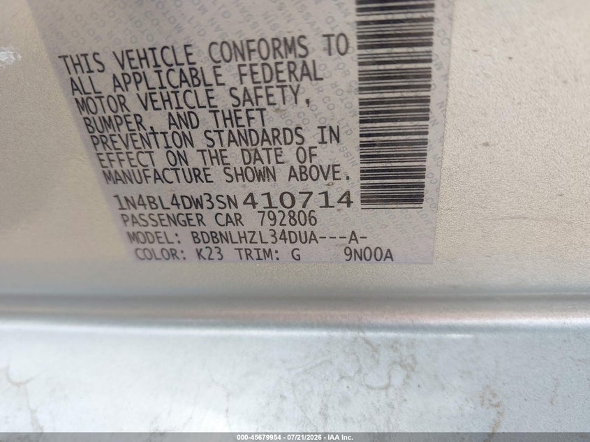 NISSAN ALTIMA 2025 VIN 1N4BL4DW3SN410714
