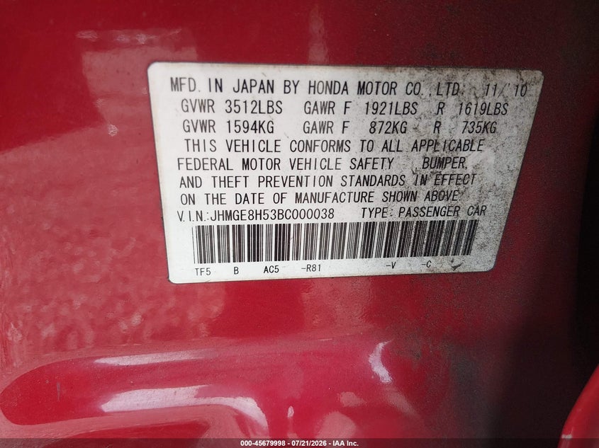2011 Honda Fit Sport VIN: JHMGE8H53BC000038 Lot: 45679998