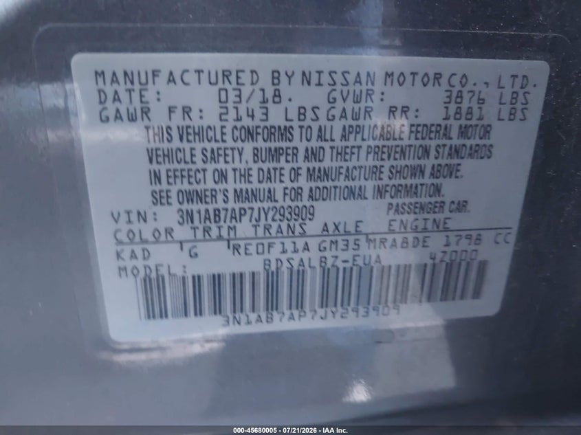 2018 Nissan Sentra S VIN: 3N1AB7AP7JY293909 Lot: 45680005