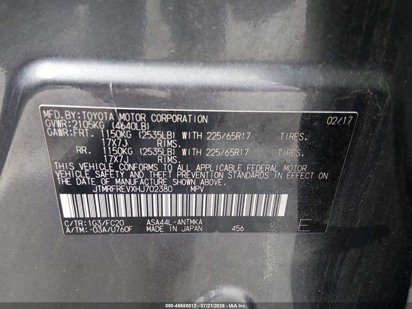 2017 Toyota Rav4 Xle VIN: JTMRFREVXHJ702380 Lot: 45680012