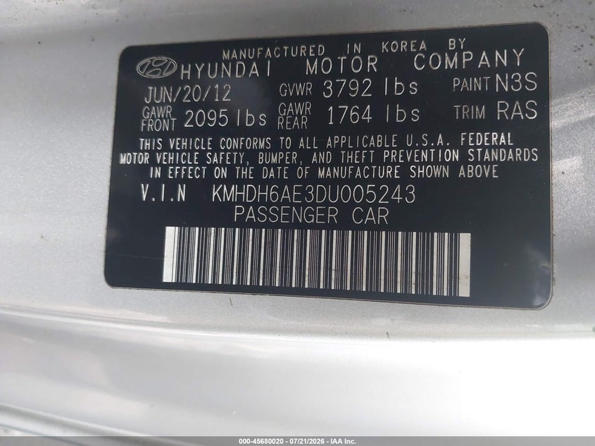2013 Hyundai Elantra Gs VIN: KMHDH6AE3DU005243 Lot: 45680020