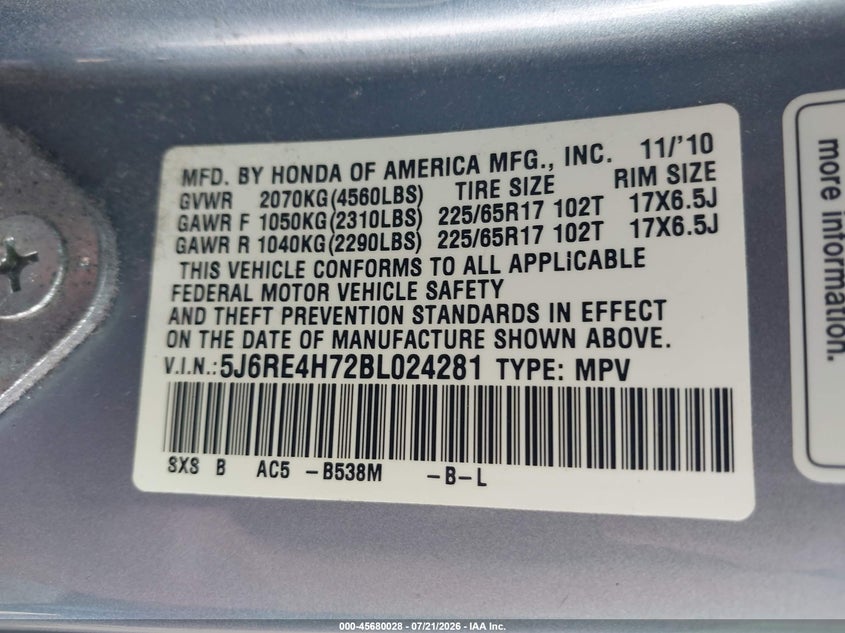 2011 Honda Cr-V Ex-L VIN: 5J6RE4H72BL024281 Lot: 45680028