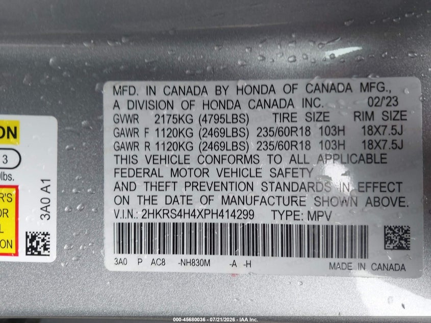 2023 Honda Cr-V Ex Awd VIN: 2HKRS4H4XPH414299 Lot: 45680036