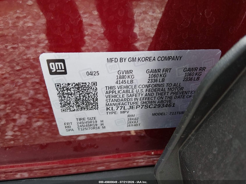 2025 Chevrolet Trax Fwd 2Rs VIN: KL77LJEP7SC293461 Lot: 45680049