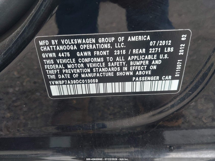 VOLKSWAGEN PASSAT 2013 VIN 1VWBP7A39DC013059