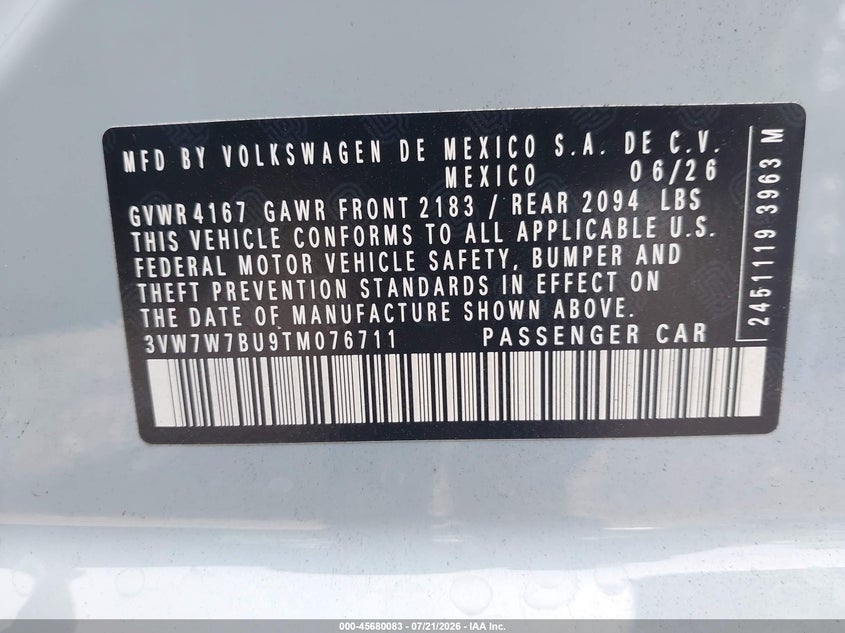 2026 Volkswagen Jetta Se VIN: 3VW7W7BU9TM076711 Lot: 45680083