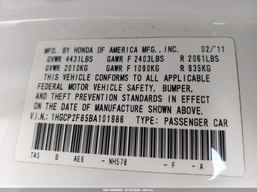 2011 Honda Accord 2.4 Ex-L VIN: 1HGCP2F85BA101986 Lot: 45680088