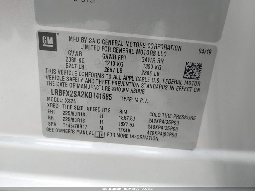 2019 Buick Envision Awd Essence VIN: LRBFX2SA2KD141685 Lot: 45680091