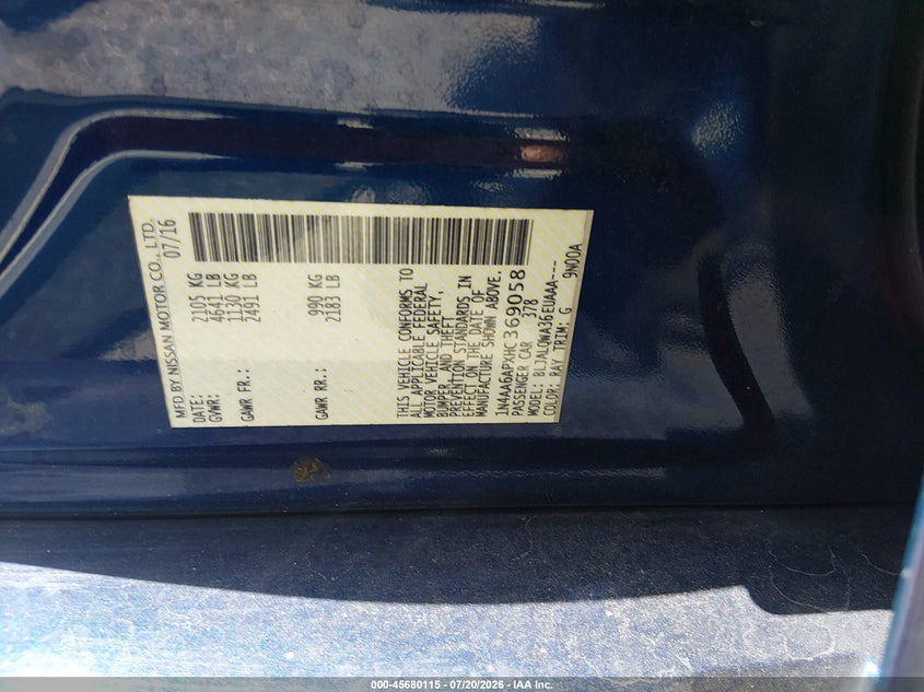 2017 NISSAN MAXIMA SEDAN 3.5L V-6 DOHC, VVT, 300HP