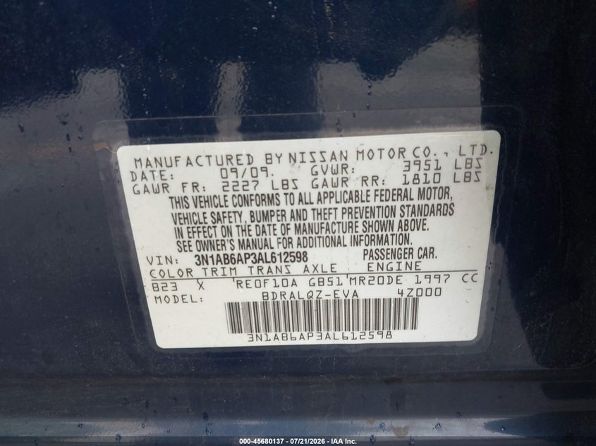 2010 Nissan Sentra 2.0 VIN: 3N1AB6AP3AL612598 Lot: 45680137