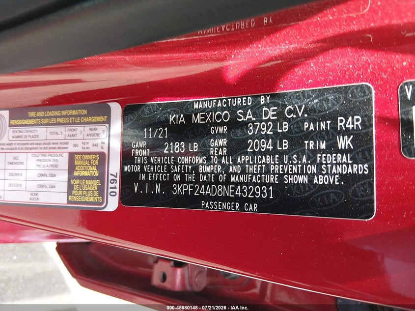 2022 Kia Forte Lxs VIN: 3KPF24AD8NE432931 Lot: 45680148