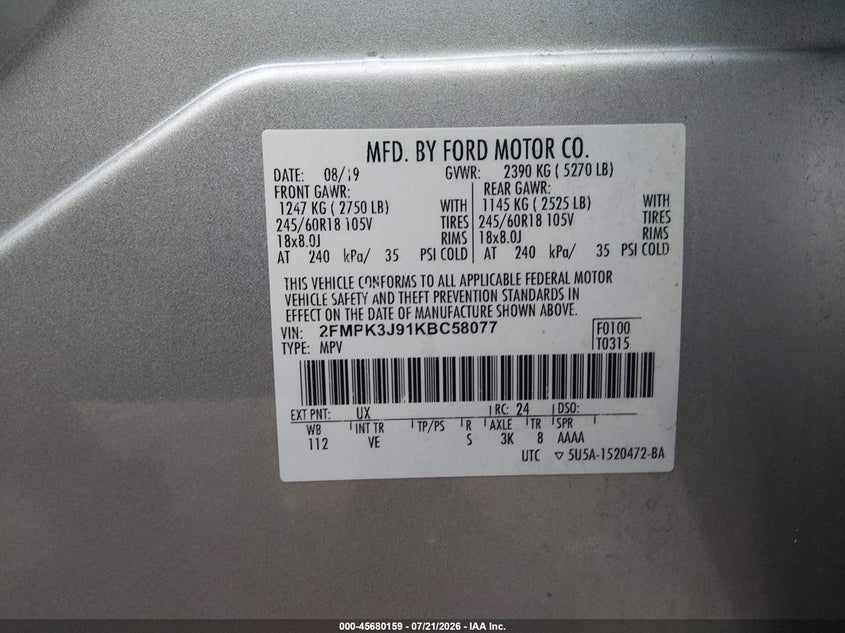 2019 Ford Edge Sel VIN: 2FMPK3J91KBC58077 Lot: 45680159