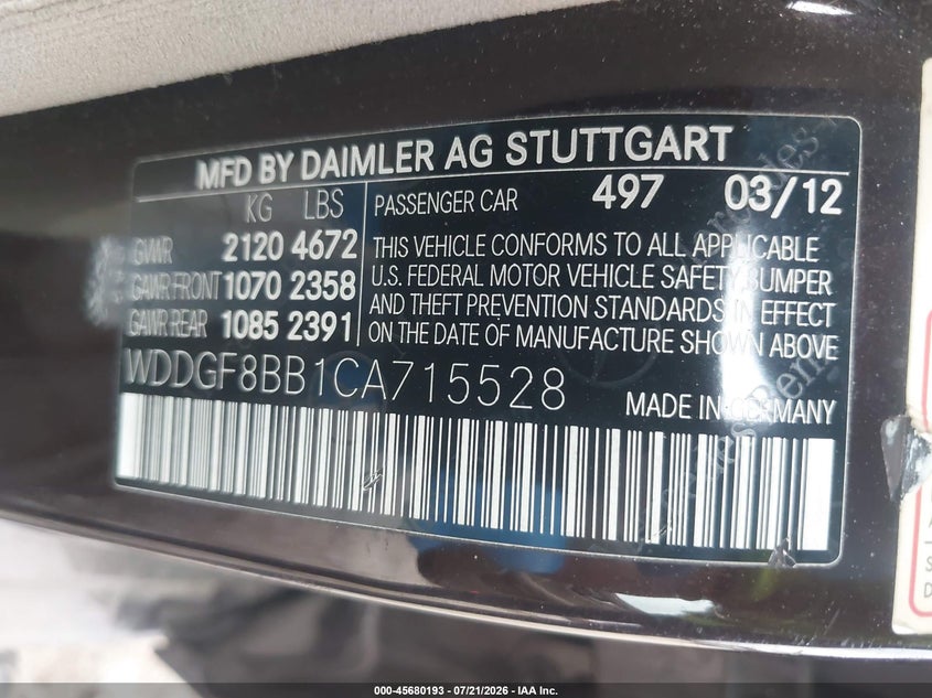 2012 Mercedes-Benz C 300 Sport 4Matic VIN: WDDGF8BB1CA715528 Lot: 45680193