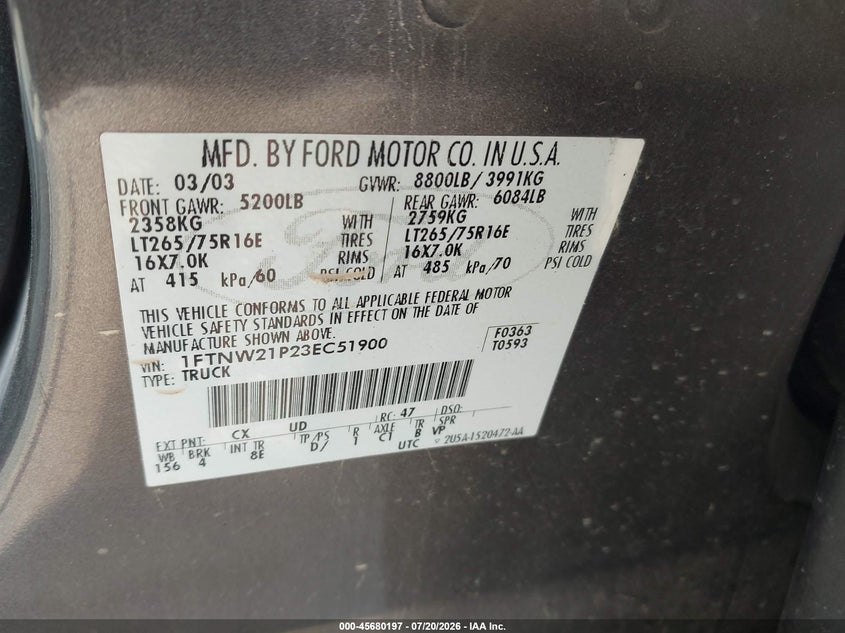 2003 Ford F-250 Lariat/Xl/Xlt VIN: 1FTNW21P23EC51900 Lot: 45680197