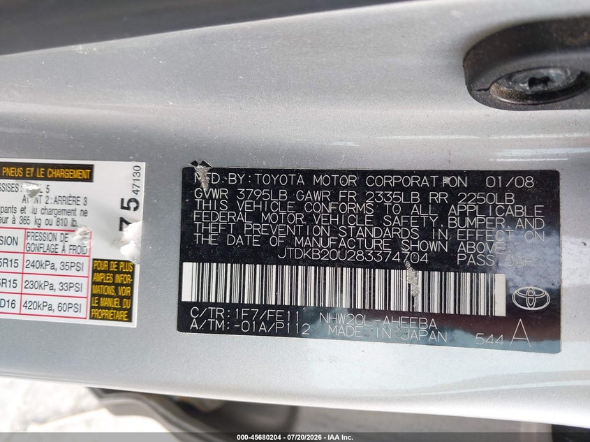 2008 Toyota Prius VIN: JTDKB20U283374704 Lot: 45680204