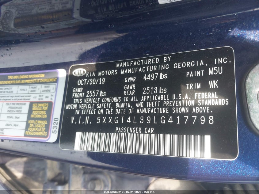 2020 Kia Optima S VIN: 5XXGT4L39LG417798 Lot: 45680210