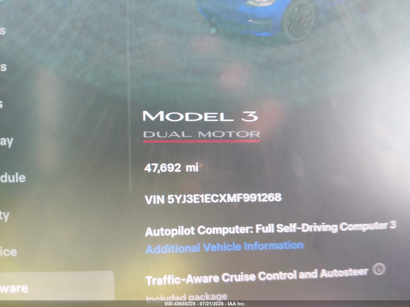 2021 Tesla Model 3 Performance Dual Motor All-Wheel Drive VIN: 5YJ3E1ECXMF991268 Lot: 45680228