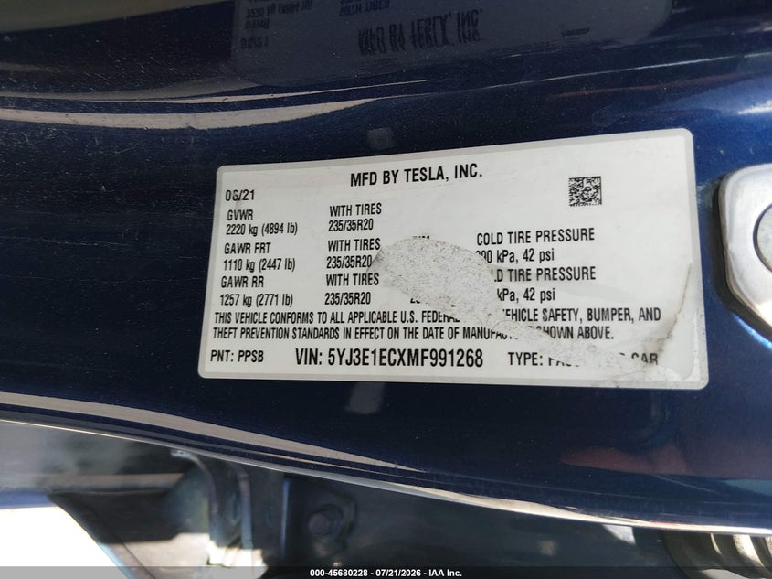 2021 Tesla Model 3 Performance Dual Motor All-Wheel Drive VIN: 5YJ3E1ECXMF991268 Lot: 45680228