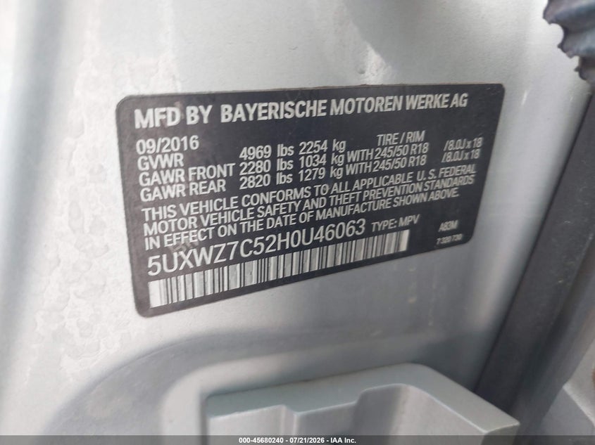 2017 BMW X3 Sdrive28I VIN: 5UXWZ7C52H0U46063 Lot: 45680240