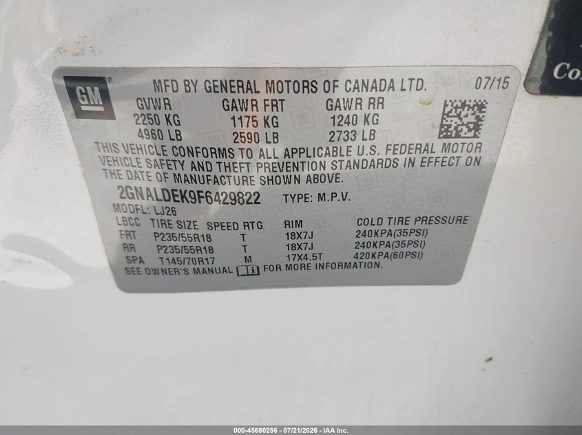 2015 Chevrolet Equinox Ltz VIN: 2GNALDEK9F6429822 Lot: 45680256