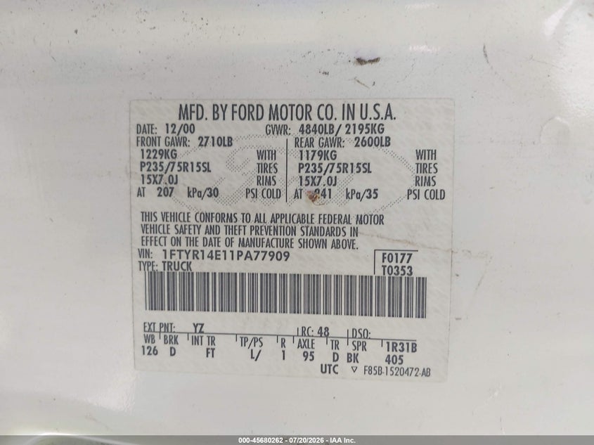 2001 Ford Ranger Edge/Xlt VIN: 1FTYR14E11PA77909 Lot: 45680262