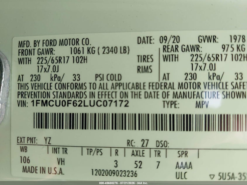 2020 Ford Escape S VIN: 1FMCU0F62LUC07172 Lot: 45680276
