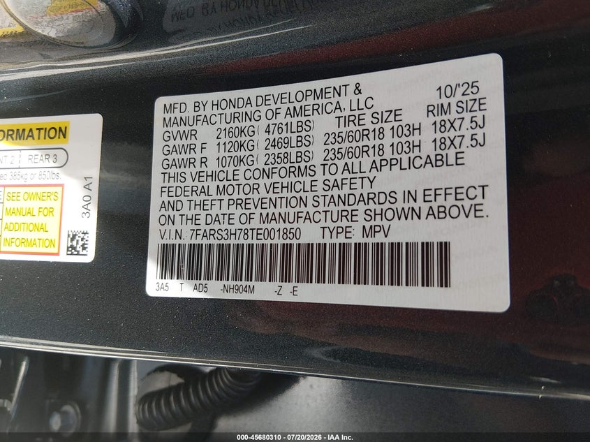 2026 Honda Cr-V Ex-L 2Wd VIN: 7FARS3H78TE001850 Lot: 45680310