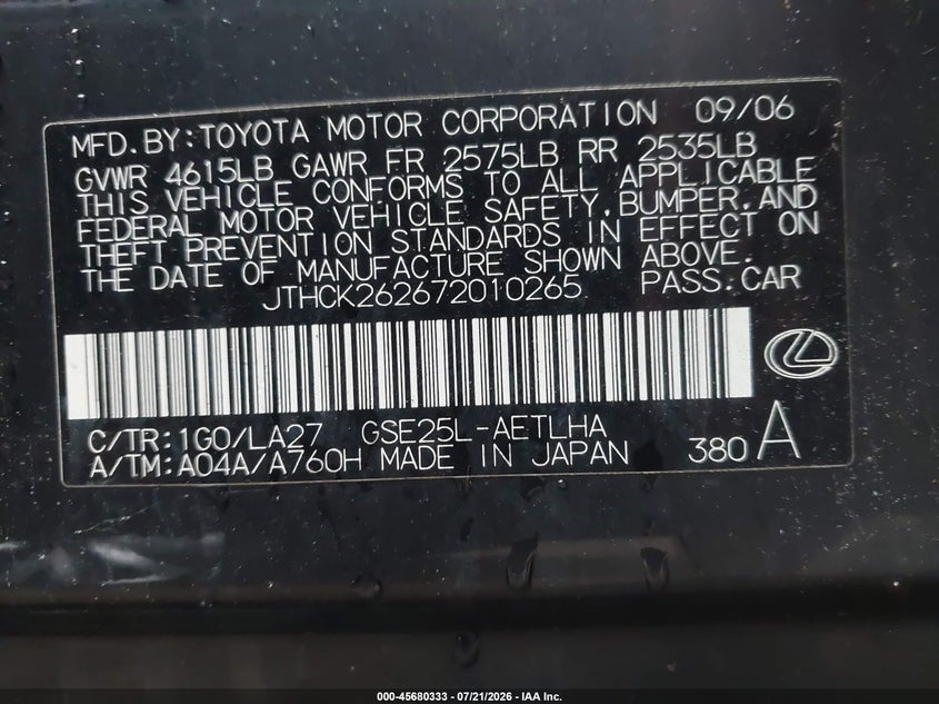 2007 Lexus Is 250 VIN: JTHCK262672010265 Lot: 45680333