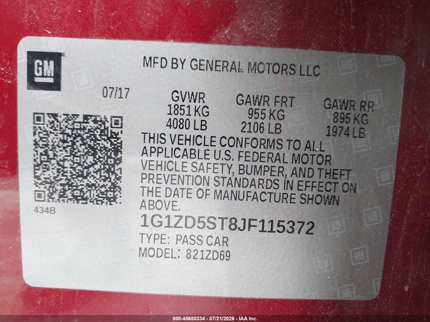 2018 Chevrolet Malibu Lt VIN: 1G1ZD5ST8JF115372 Lot: 45680334