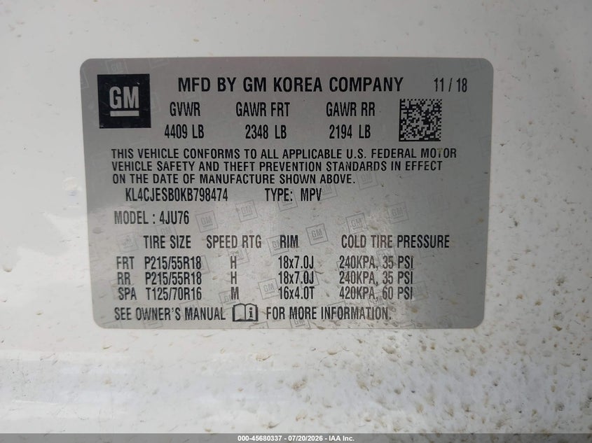 2019 Buick Encore Awd Preferred VIN: KL4CJESB0KB798474 Lot: 45680337