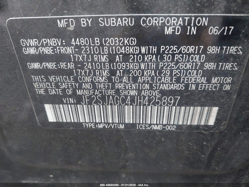 2018 Subaru Forester 2.5I Premium VIN: JF2SJAGC4JH425897 Lot: 45680360