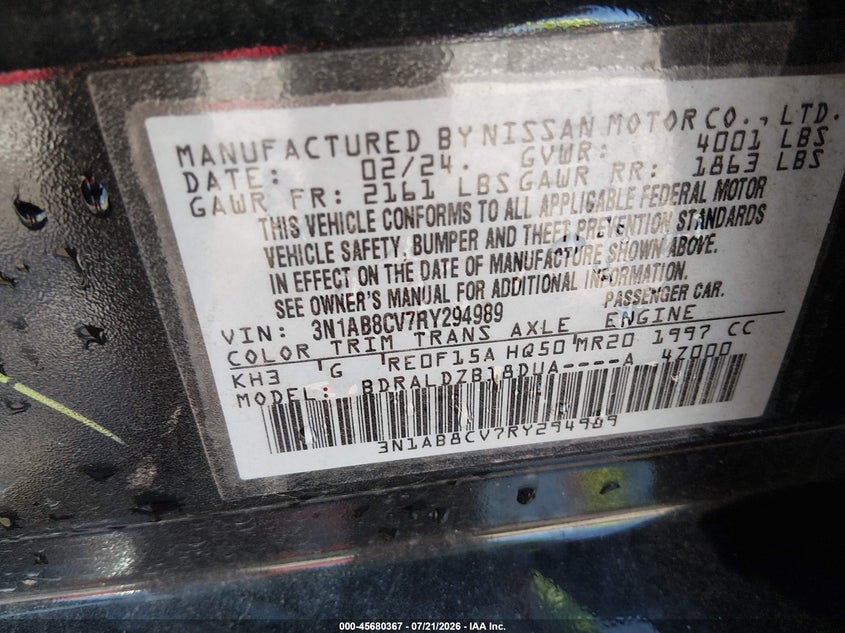 2024 Nissan Sentra Sv Xtronic Cvt VIN: 3N1AB8CV7RY294989 Lot: 45680367
