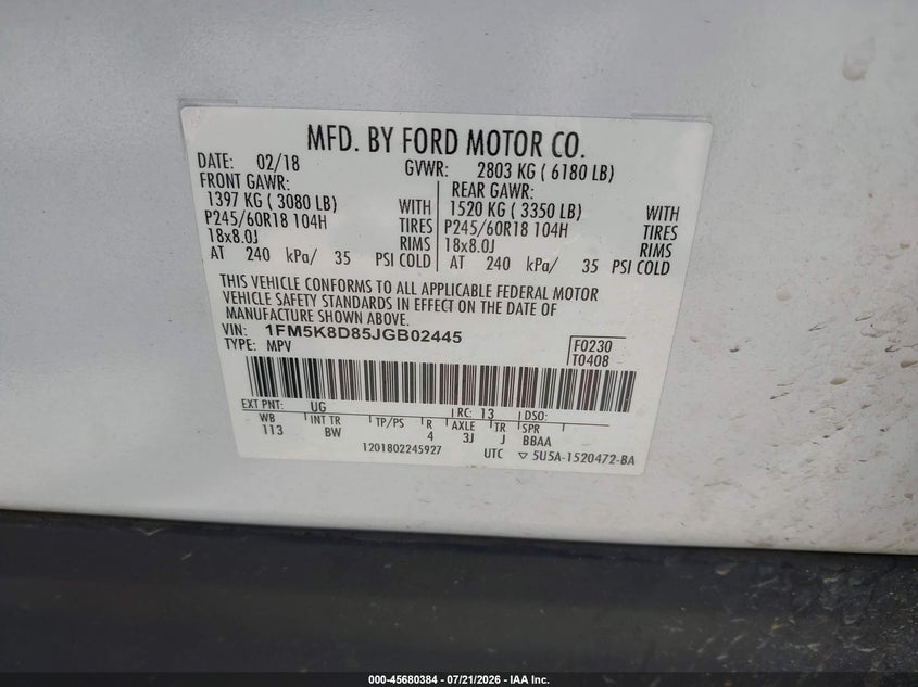 2018 Ford Explorer Xlt VIN: 1FM5K8D85JGB02445 Lot: 45680384