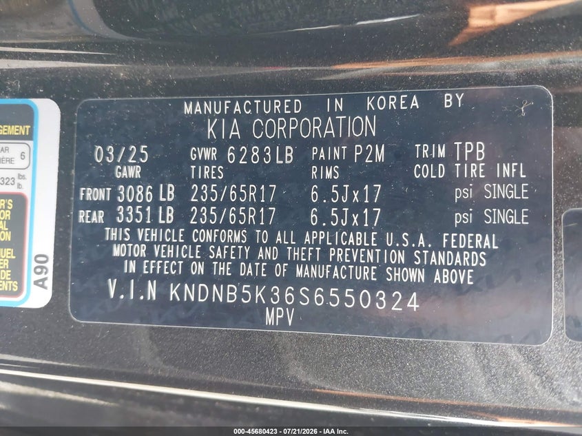 2025 Kia Carnival Mpv Lxs VIN: KNDNB5K36S6550324 Lot: 45680423