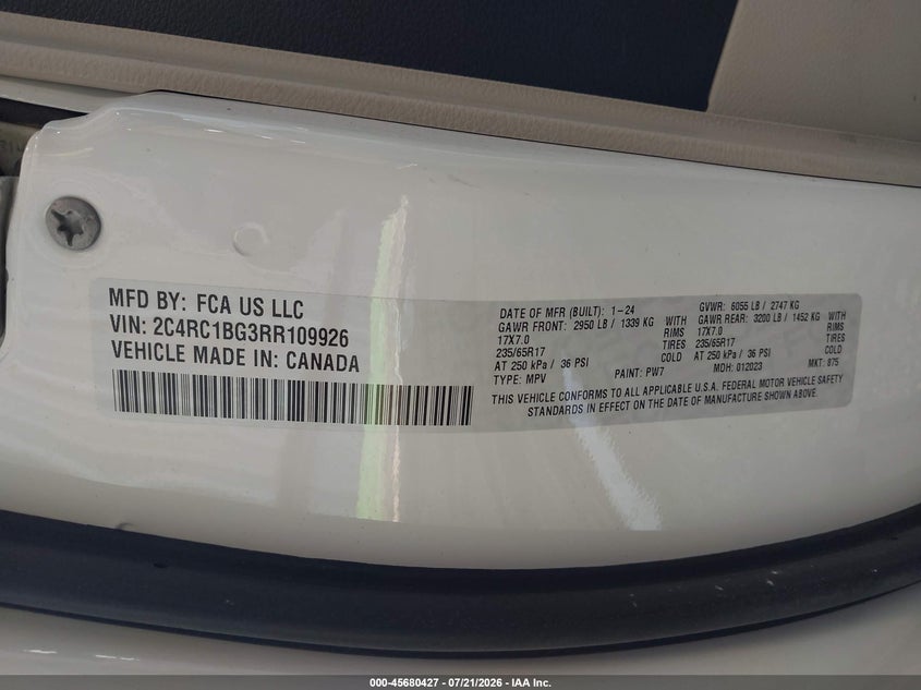 2024 Chrysler Pacifica Touring L VIN: 2C4RC1BG3RR109926 Lot: 45680427