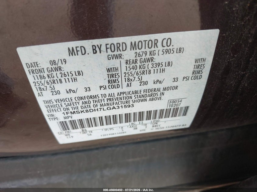2020 Ford Explorer Xlt VIN: 1FMSK8DH7LGA31593 Lot: 45680450