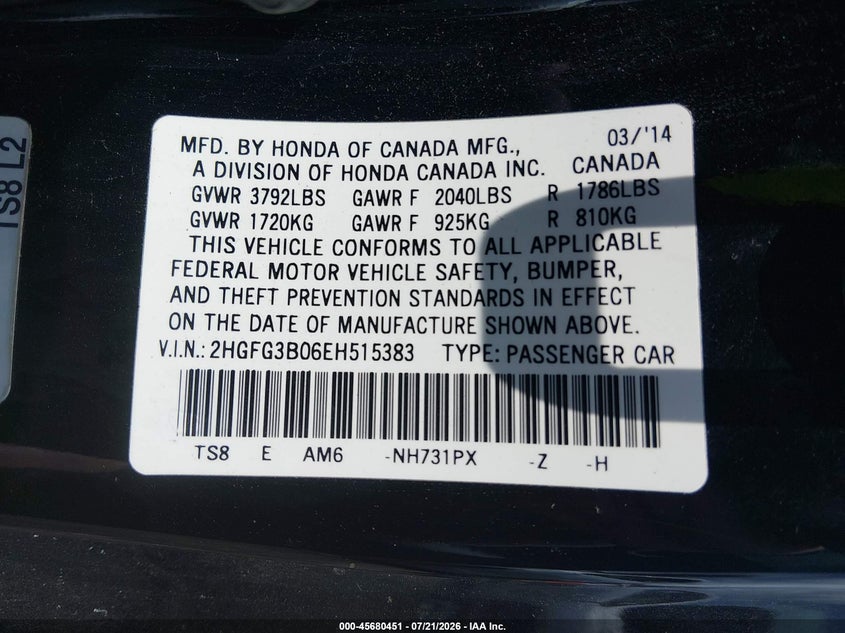 2014 Honda Civic Ex-L VIN: 2HGFG3B06EH515383 Lot: 45680451