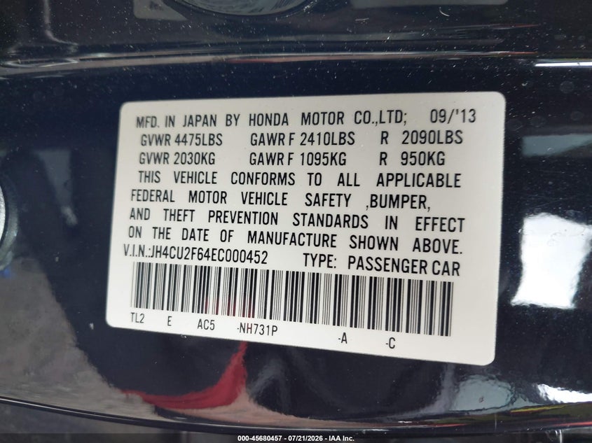 2014 Acura Tsx 2.4 VIN: JH4CU2F64EC000452 Lot: 45680457