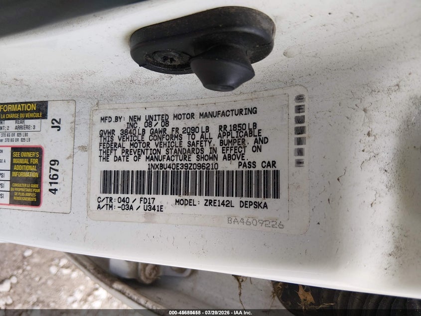 TOYOTA COROLLA 2009 VIN 1NXBU40E39Z096210