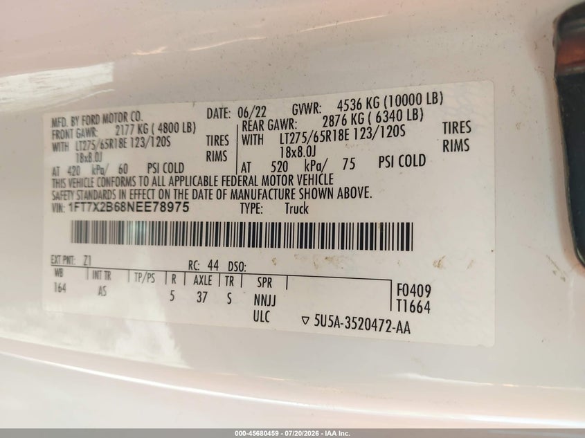 2022 Ford F-250 Xl VIN: 1FT7X2B68NEE78975 Lot: 45680459