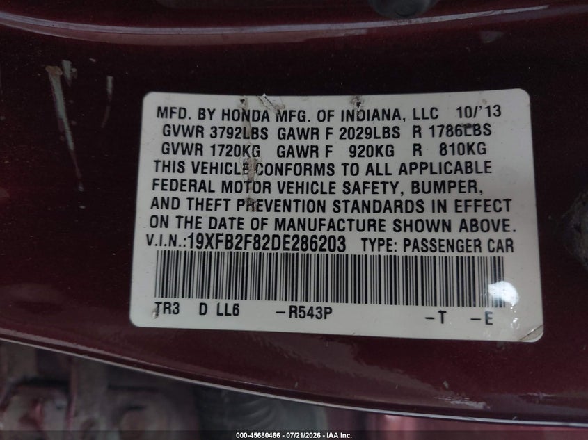 2013 Honda Civic Ex VIN: 19XFB2F82DE286203 Lot: 45680466
