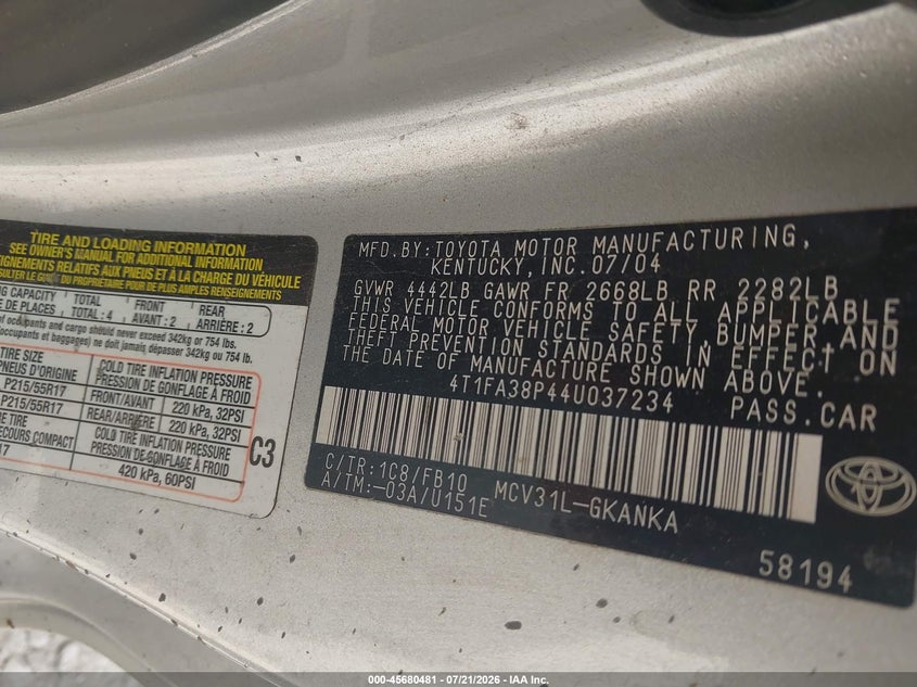 2004 Toyota Camry Solara Se VIN: 4T1FA38P44U037234 Lot: 45680481