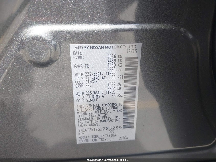 2016 Nissan Rogue S/Sl/Sv VIN: 5N1AT2MT7GC785259 Lot: 45680495