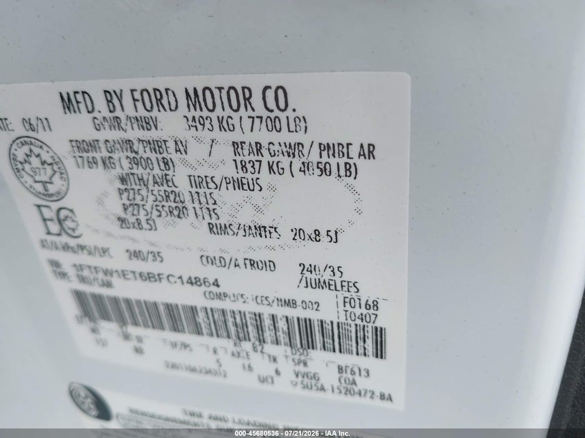 2011 Ford F-150 Fx4 VIN: 1FTFW1ET6BFC14864 Lot: 45680536
